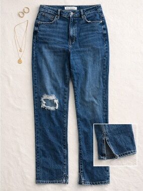 Good American Good American Distressed Straight Leg Jeans Raw Hem Slit Size 16